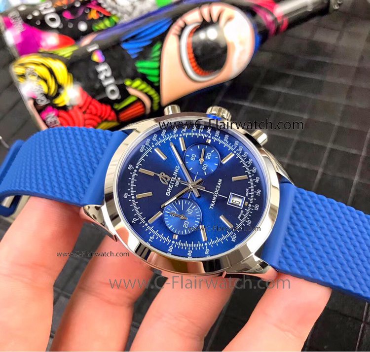 Copy Breitling Transocean Blue Dial Rubber Strap Watch 45mm